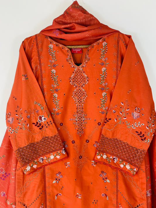 Neon Saffron 3PC - Embroidered Winter Cotton