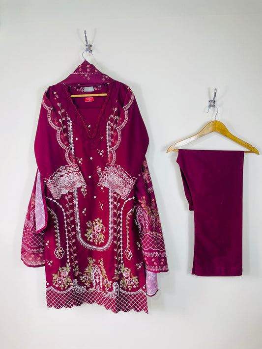 Plum Blood 3PC - Embroidered Winter Cotton