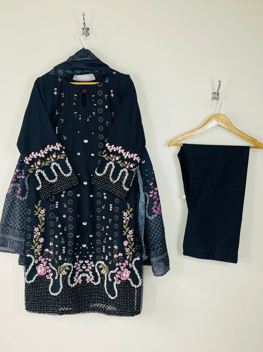 Obsidian Black 3PC - Embroidered Winter Cotton
