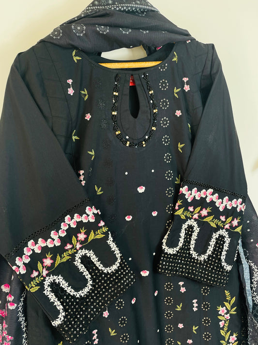 Obsidian Black 3PC - Embroidered Winter Cotton