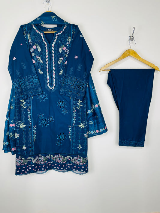 Azure Blue 3PC - Embroidered Winter Cotton