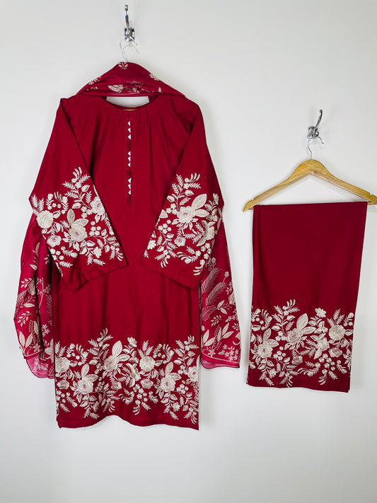 Blood Rose 3PC - Embroidered Winter Cotton